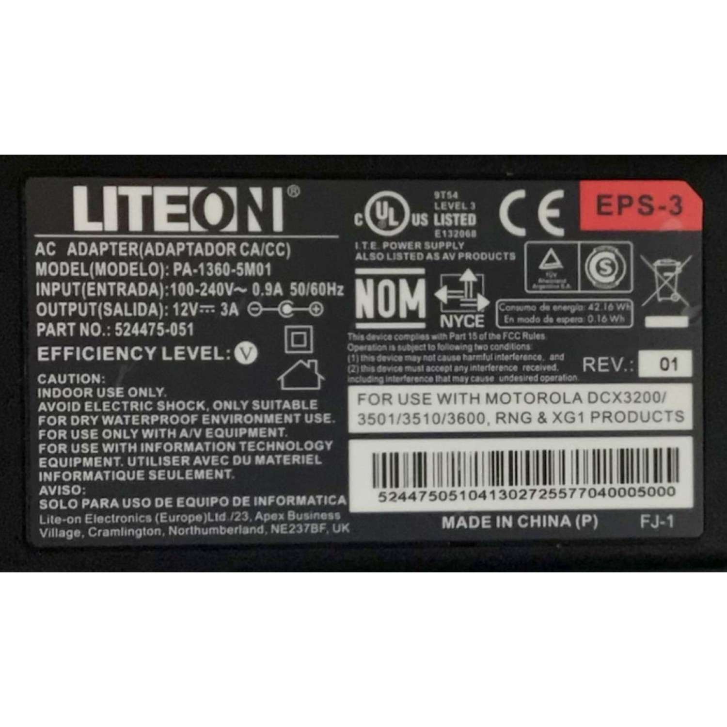 CARGADOR / ADAPTADOR DE FUENTE DE ALIMENTACION LITEON CA/CC / NUMERO DE PARTE 524475-051 / ENTRADA VCA 100-240V~0.9A / 50/60HZ / SALIDA VCD 12V 3A / EPS-3 / MODELO PA-1360-5M01 - Imagen 4